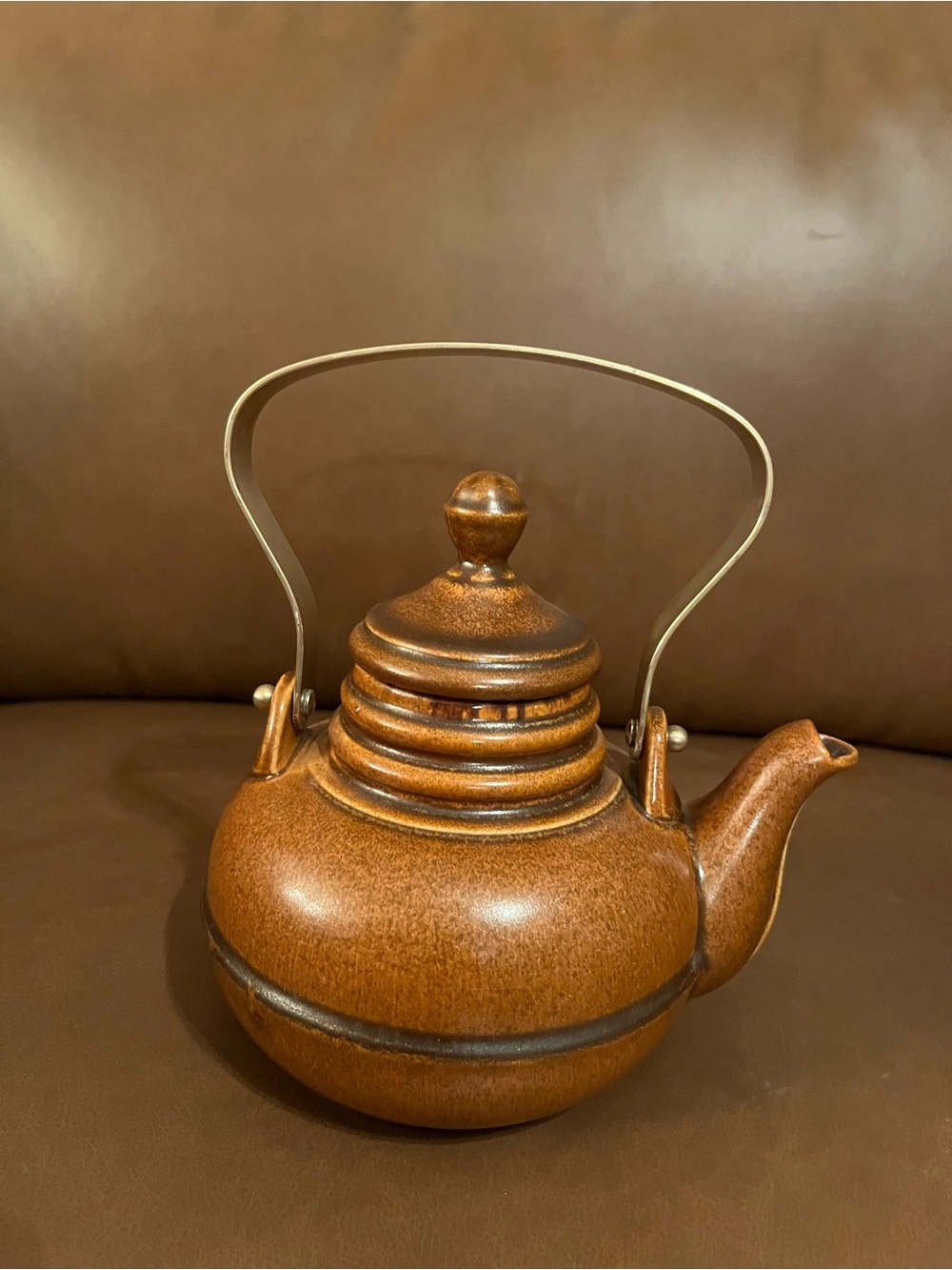 Staffel (Gerzit) Germany Glossy Brown Ceramuc Teapot w/ Brass Handle - Post War